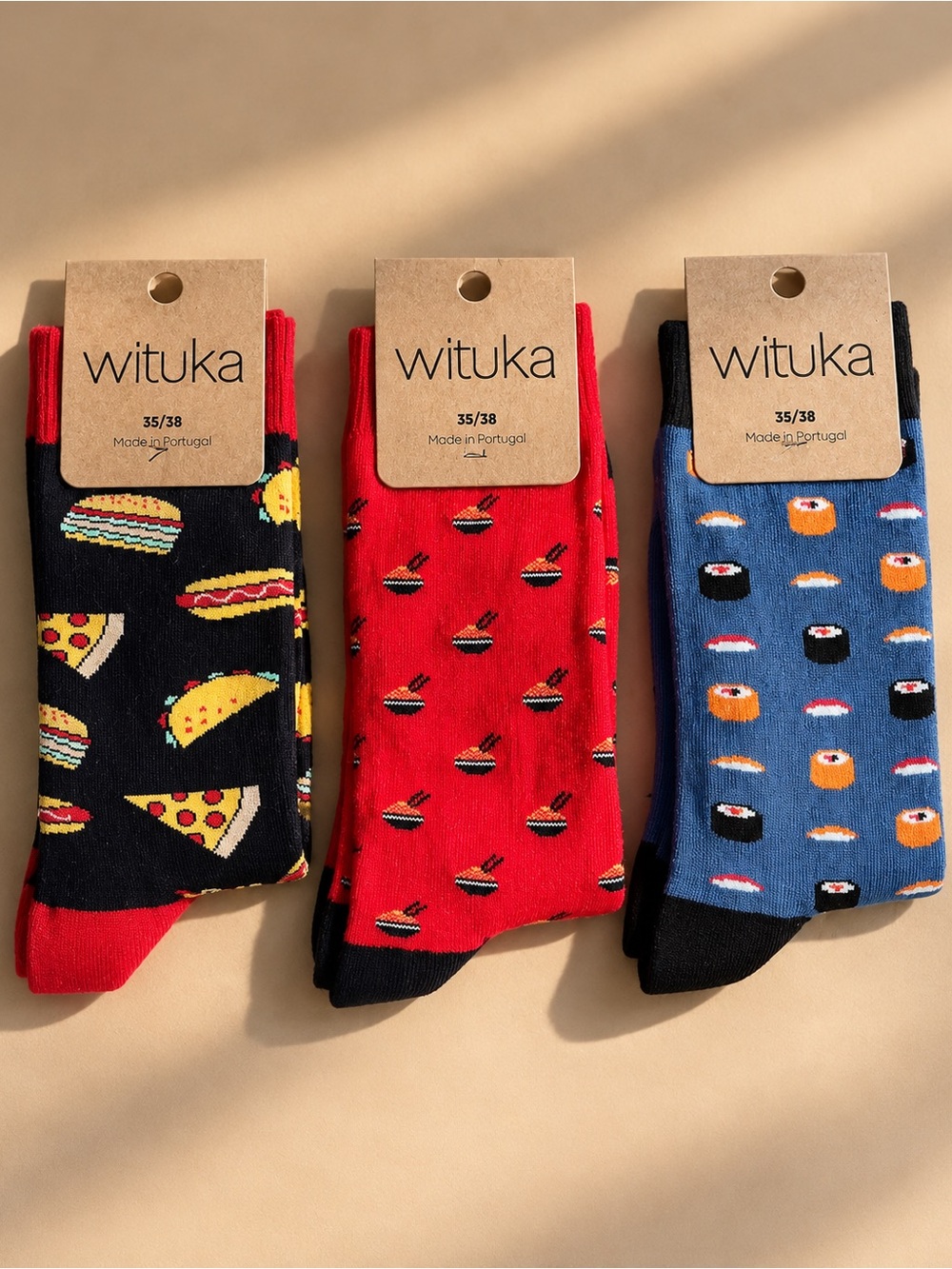 Wituka Food Print Crew Socks Lot of 3 Sushi Ramen Pizza Taco NWT EU 35-38 US 5-7